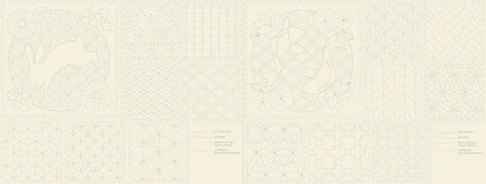 Panel para Bordado Sashiko Conejo y Peces en lino blanco o naranja arcilla 16 cuadros