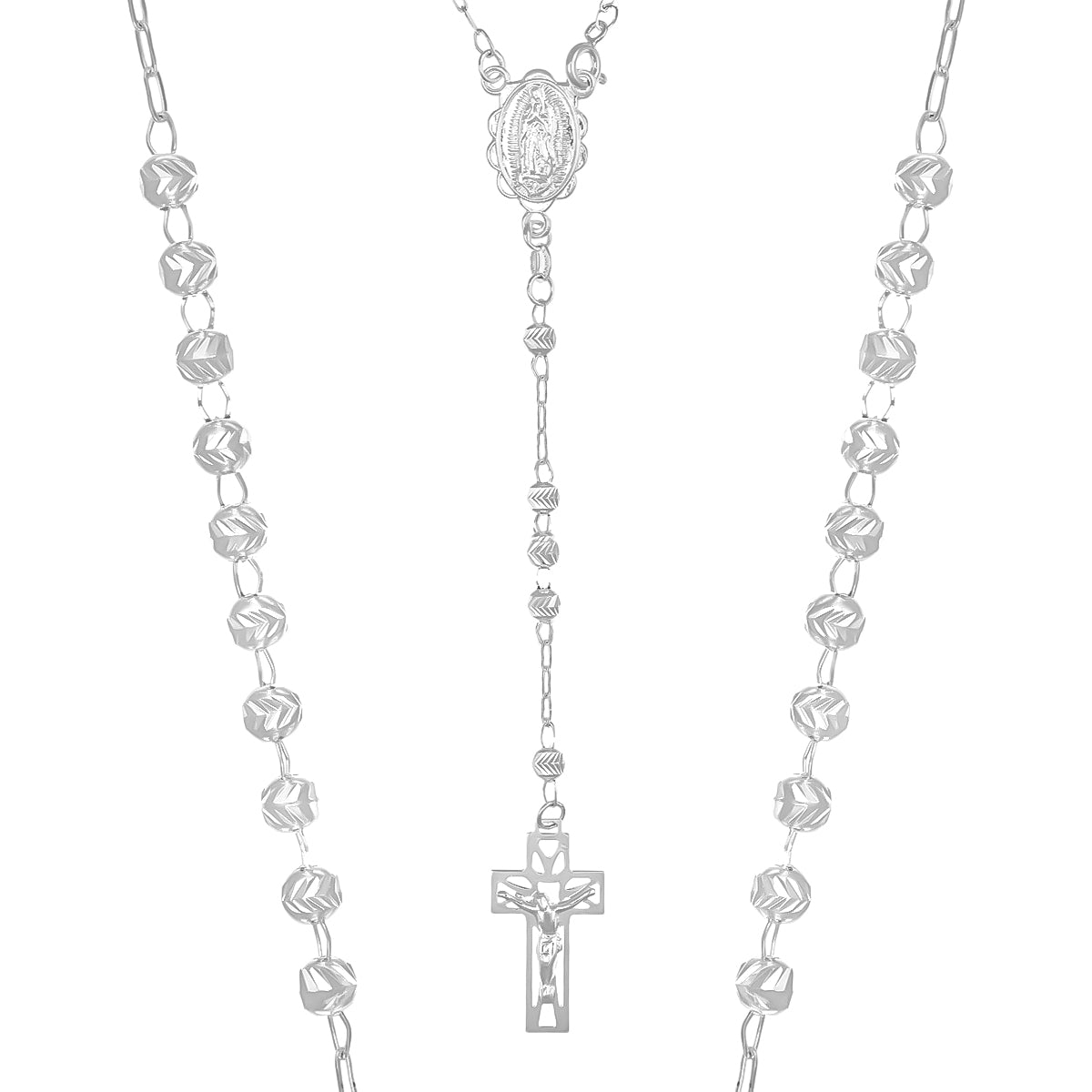 Rosario De Plata Ley 925 Con Bola Diamantada De 70 Cm