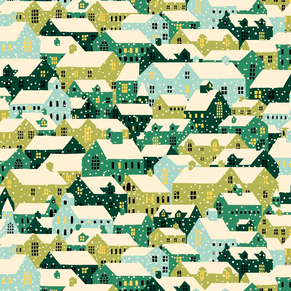 1/2 metro de Casitas Nevadas en verde Colección Feria Festiva Liberty Fabrics