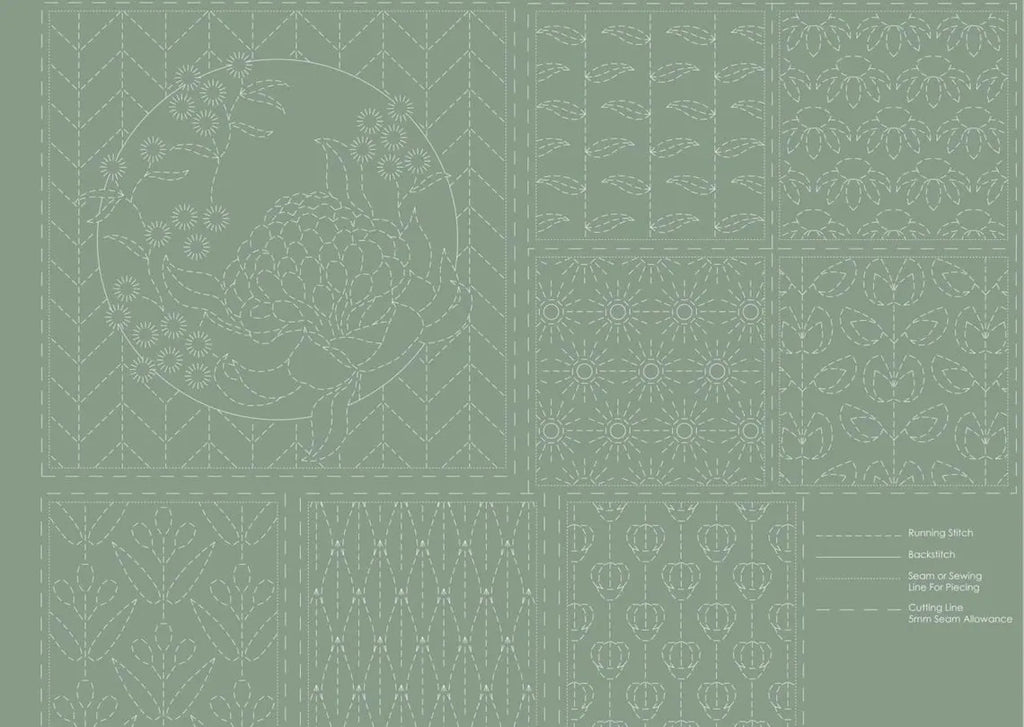 Panel para Bordado Sashiko Botánico en verde Kentucky 16 cuadros