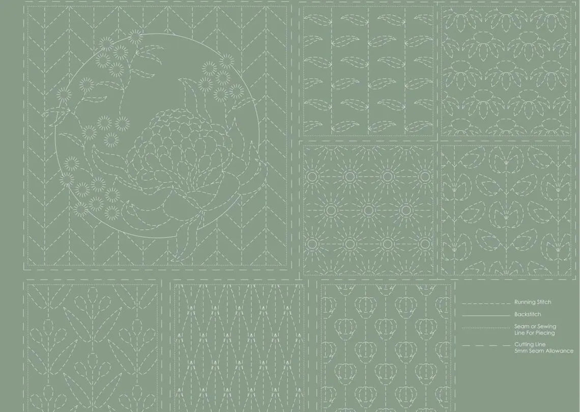 Panel para Bordado Sashiko Botánico en verde Kentucky 16 cuadros