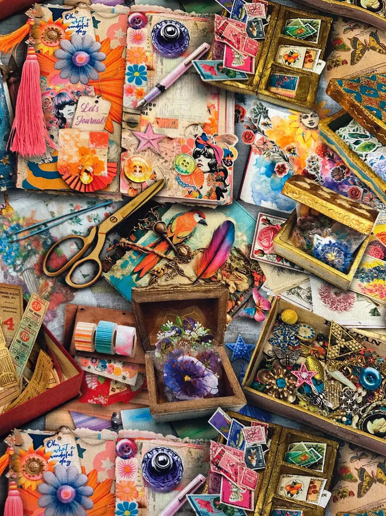1/2 metro de Tela Junk Journal - Diseño Multicolor Creativo - Para Scrapbooking y Manualidades - 110 cm