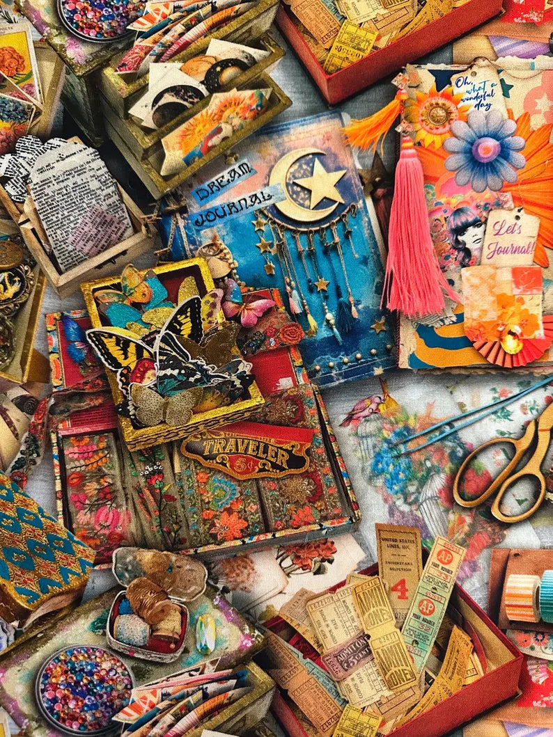 1/2 metro de Tela Junk Journal - Diseño Multicolor Creativo - Para Scrapbooking y Manualidades - 110 cm