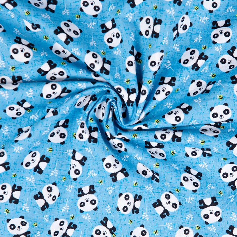 1/2 metro Tela de algodón Osito panda y abejas sobre azul