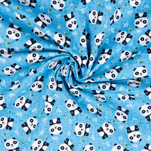 1/2 metro Tela de algodón Osito panda y abejas sobre azul