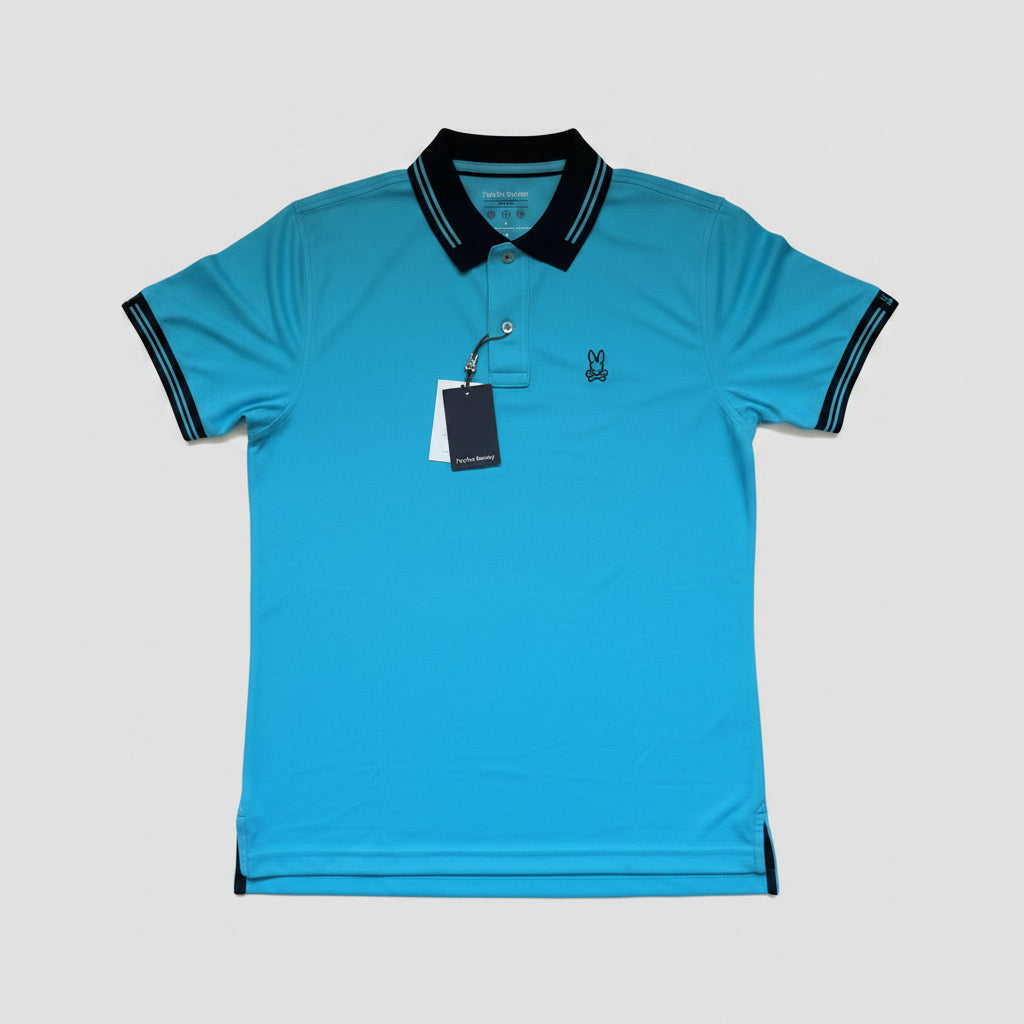 Polo Psycho Bunny Caballero | Azul Turquesa con Cuello Negro | Talla S