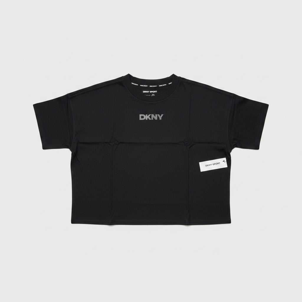 Playera DKNY Sport Mujer | Negra Crop con Logo en Pedrería | Talla L