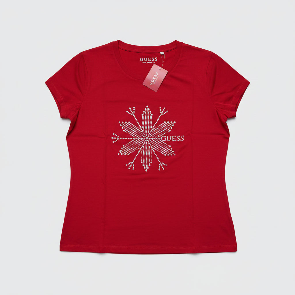 Playera Guess Mujer | Roja con Diseño Copo en Pedrería | Talla L