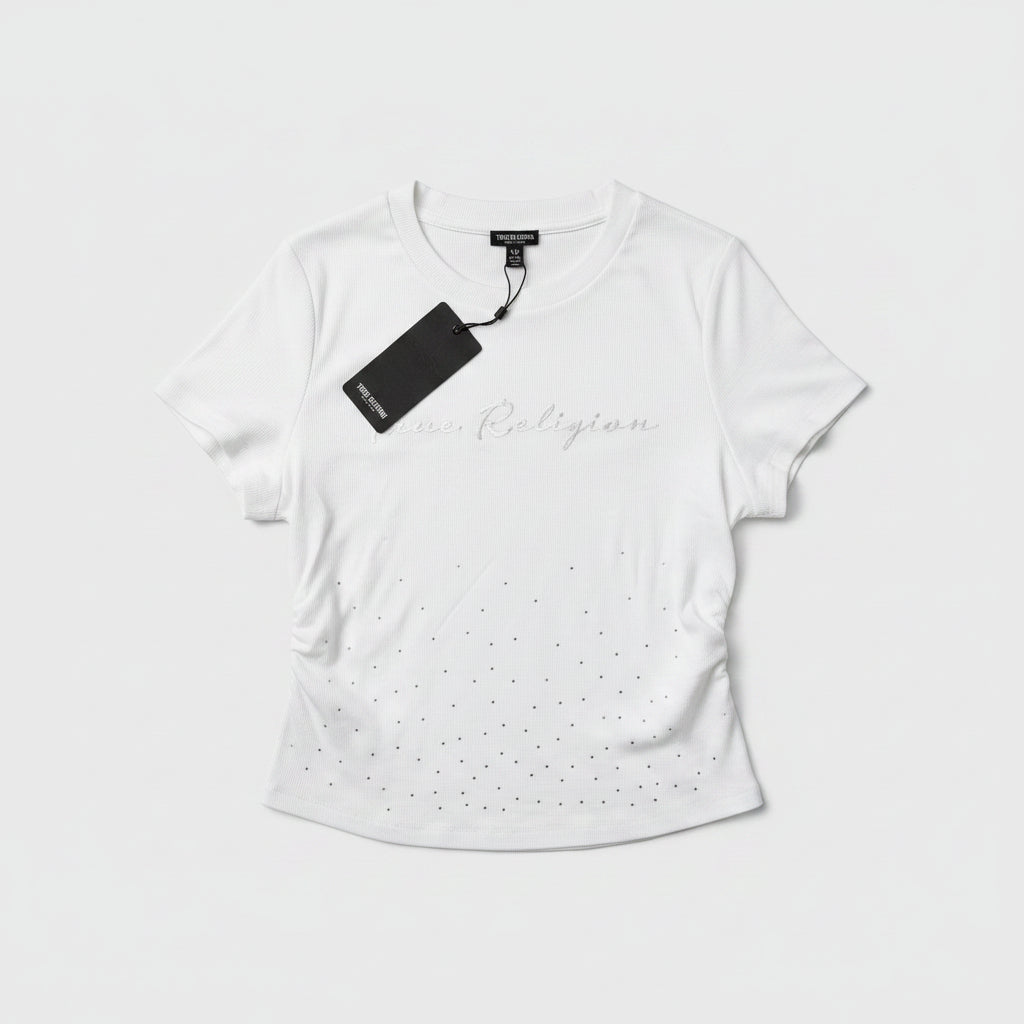 Blusa True Religion Mujer | Blanca Crop con Logo Cursivo Plateado | Talla XL
