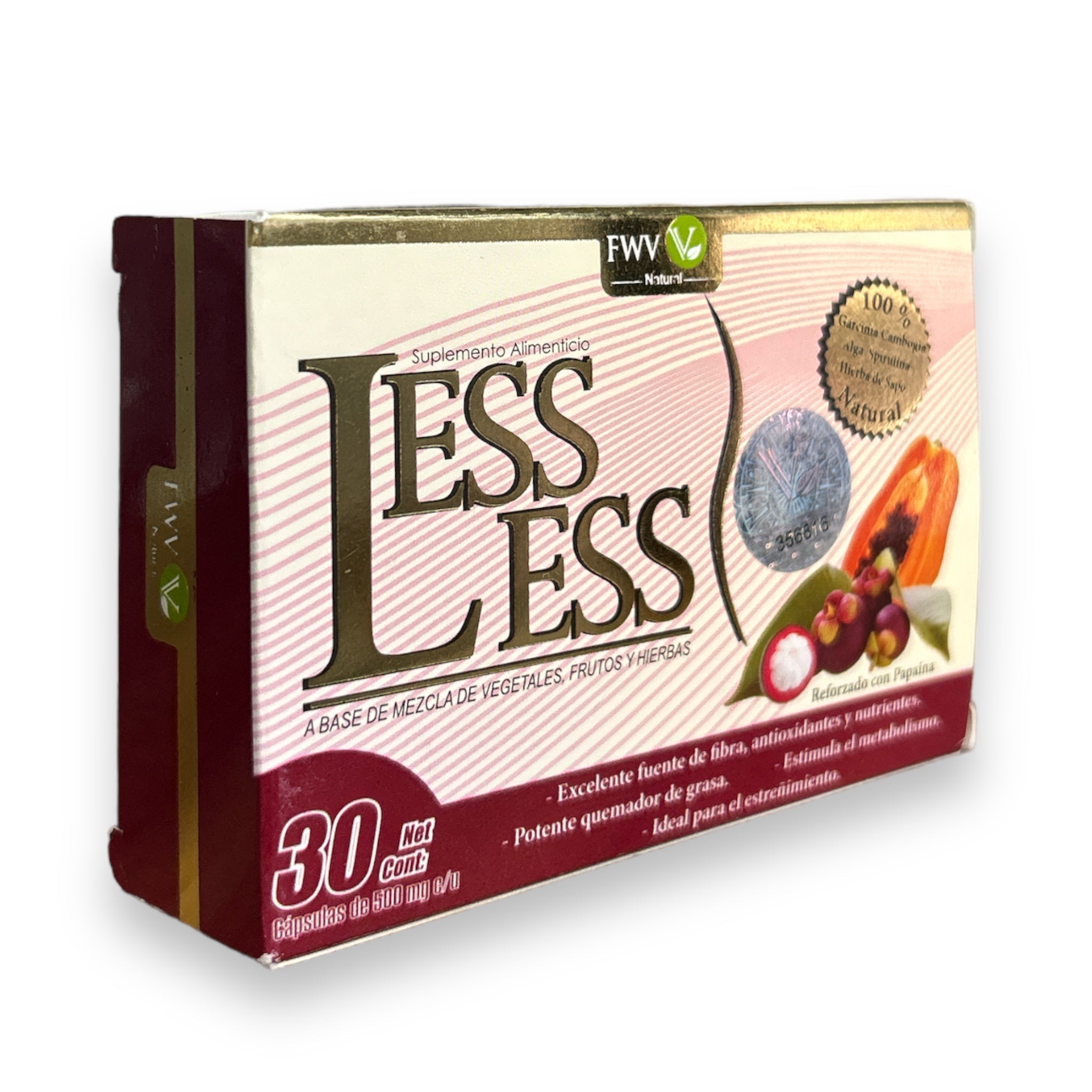 Less Less 30 cápsulas Espirulina Nopal Garcinia Cambogia fibra natural FWV