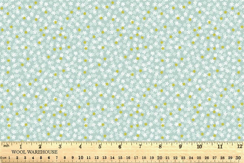 1/2 metro de Tela de algodón estampada Mini Florecita Sakura azul con dorado metálico Lewis e Irene