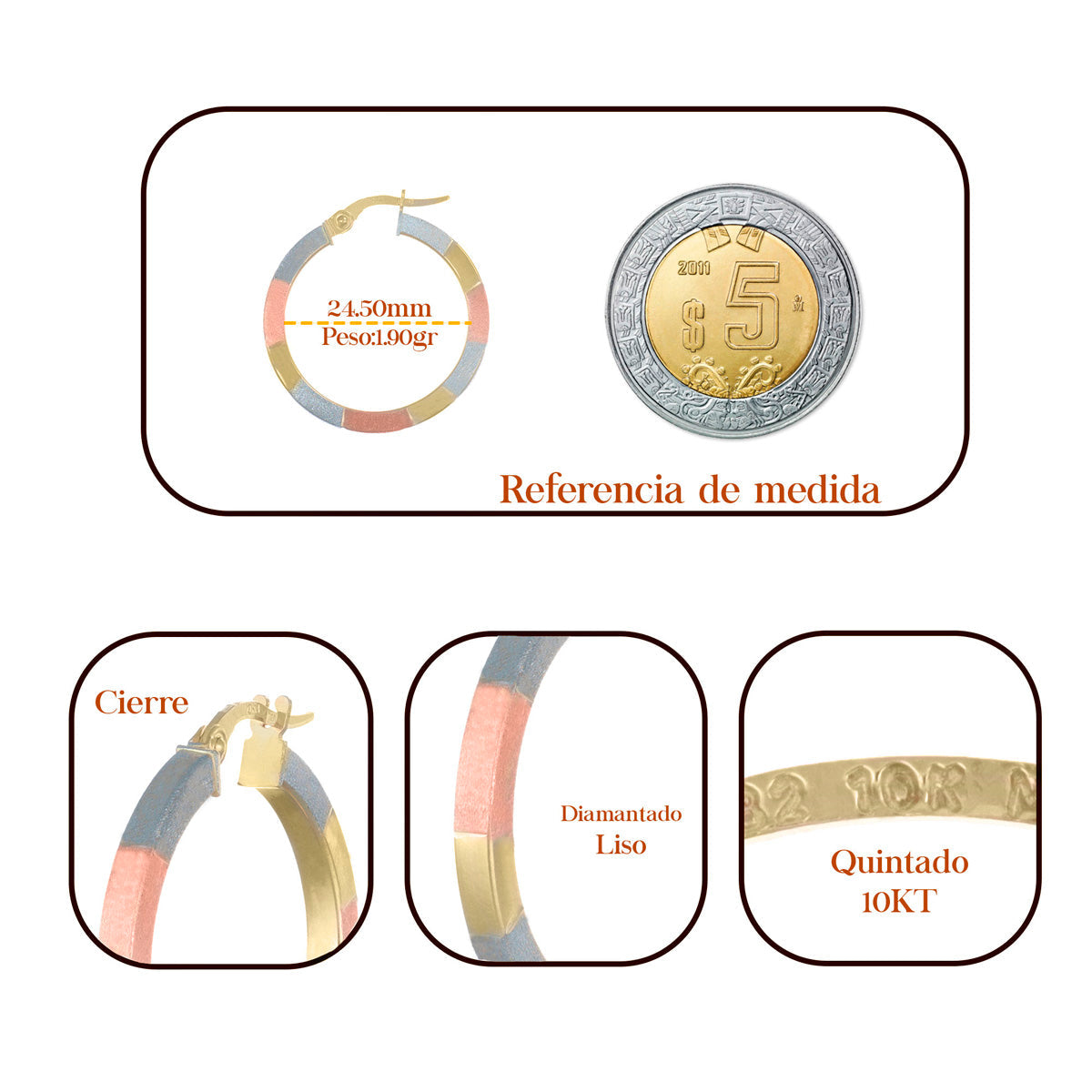 Arracada Tubo Rectangular De Oro De 10k En Tres Colores