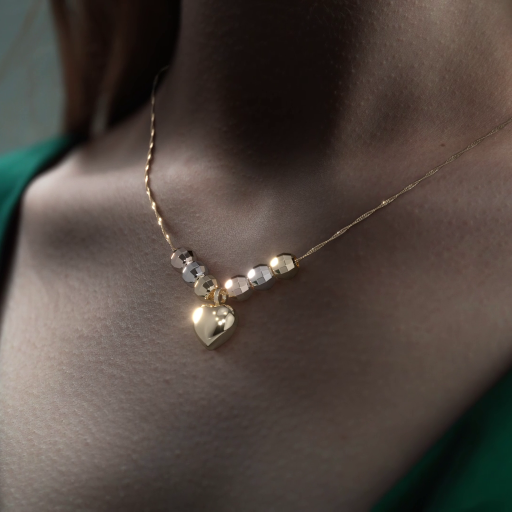 Gargantilla Italiana 14k o 10K De Corazón Inflado Y Bolas Tricolor